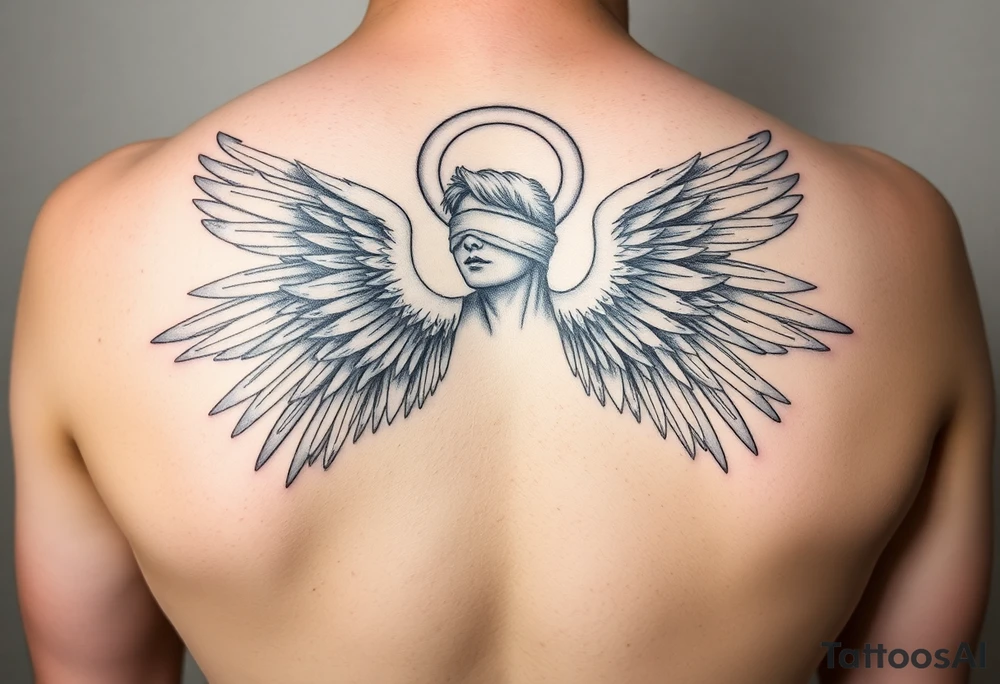 Dante Mikha'el angel who has grateful 4 wings scattered in the sky, 
Whitc shaining halo and blindfold tattoo idea