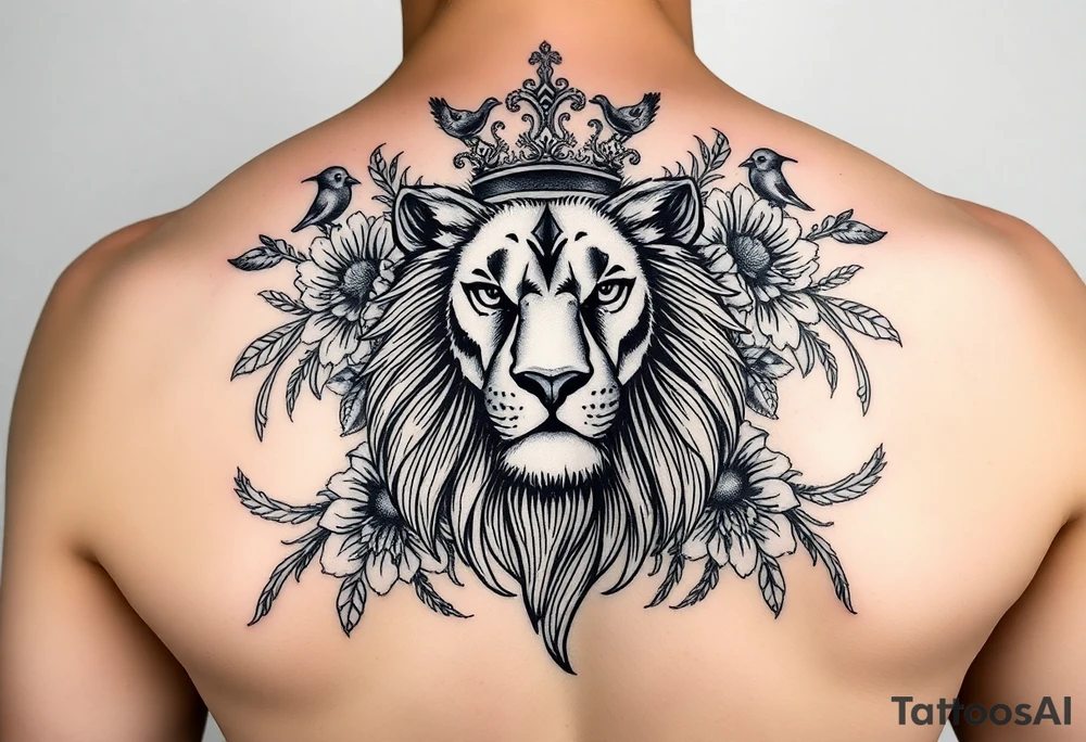 powerful majestic lion with a crown, surrounded by floral ornaments and birds tattoo idea
