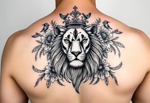 powerful majestic lion with a crown, surrounded by floral ornaments and birds tattoo idea