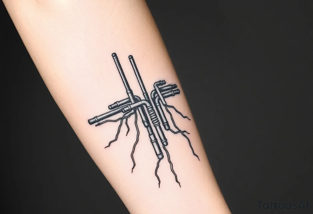 vertical System of thin pipes that transitions outwards of sides and end into thick, widespread 
veins of forearm tattoo idea