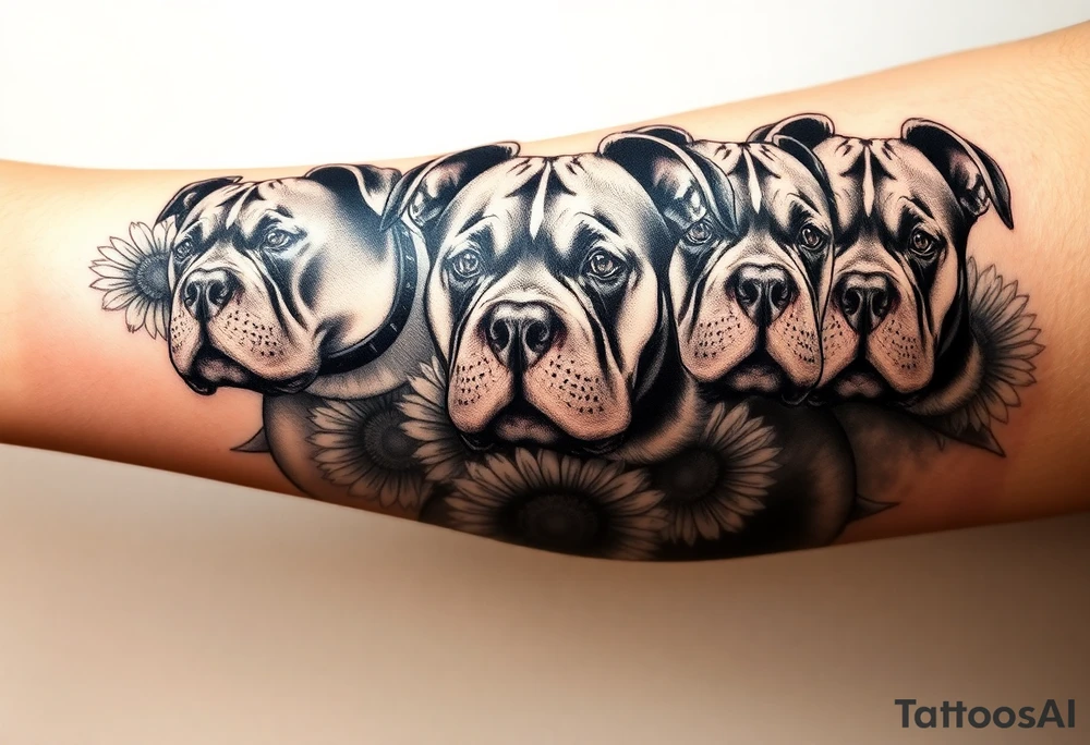 Multiple very thick muscled up pitbulls' portraits fading into the background as filler incorporate sunflowers, an old road made from pavers tattoo idea