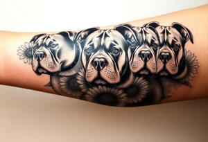 Multiple very thick muscled up pitbulls' portraits fading into the background as filler incorporate sunflowers, an old road made from pavers tattoo idea