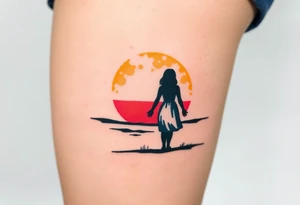A soft watercolor sunset with two silhouetted figures holding hands, symbolizing a lifetime of love and support tattoo idea