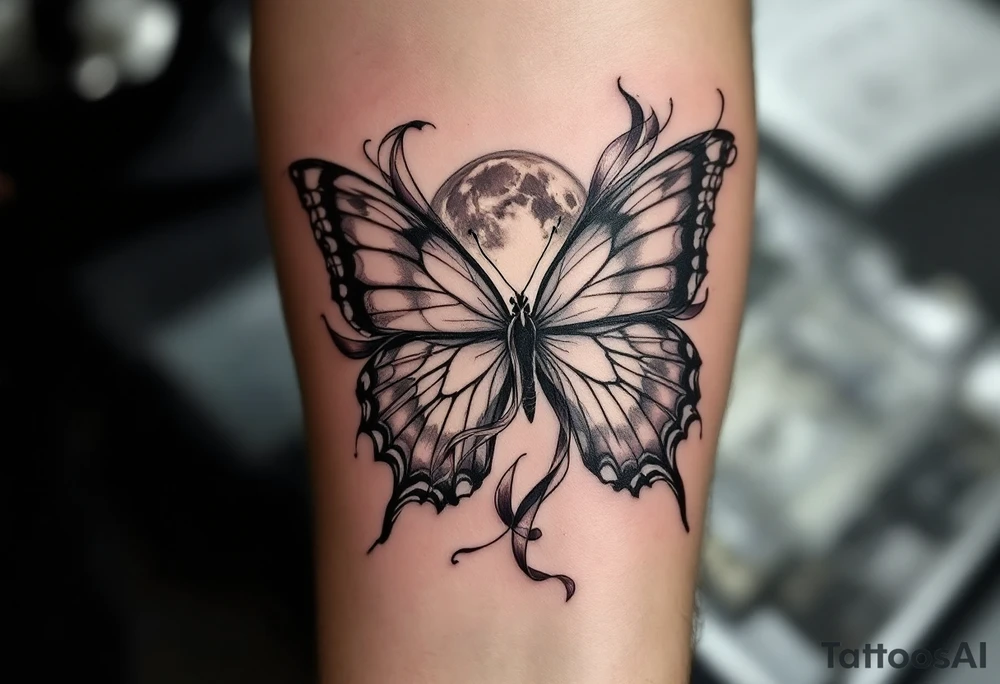 ethereal butterfly with flowing silk ribbons in moonlight tattoo idea