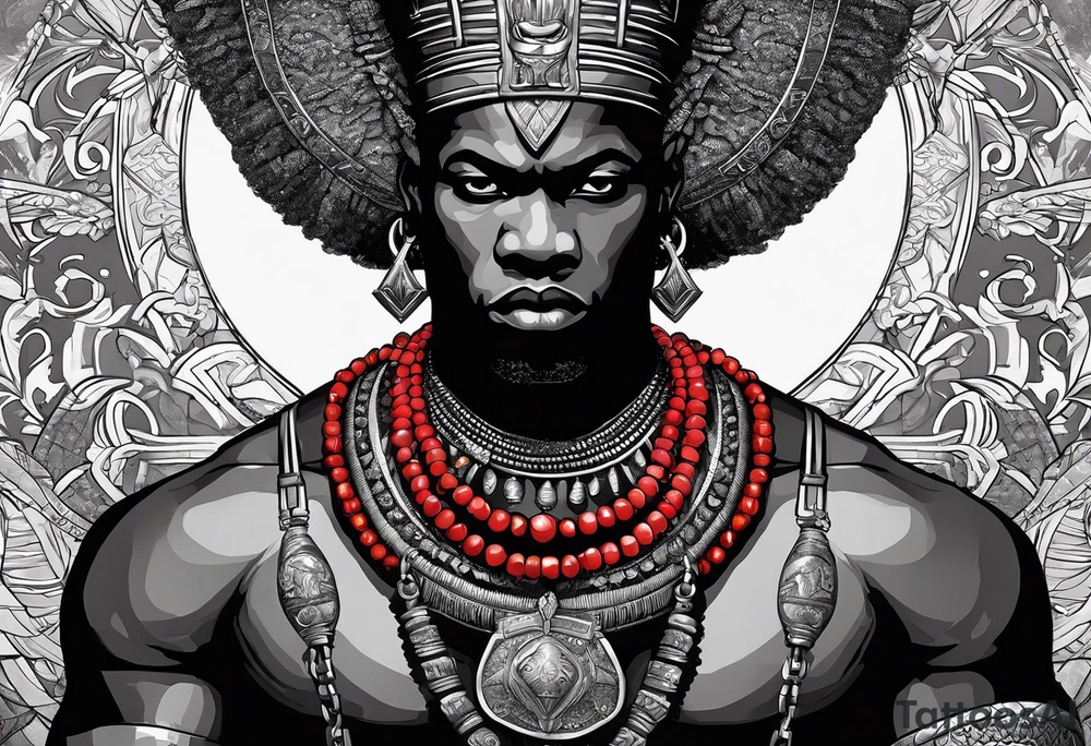 Black-skinned bald african warrior. He is a god of the war. Wears a simple red necklace and a silver crown tattoo idea