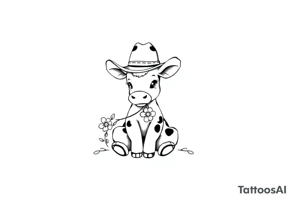 cute black and white baby cow sitting wearing a cowboy hat with a flower in mouth tattoo idea