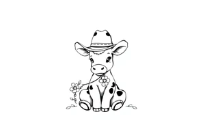 cute black and white baby cow sitting wearing a cowboy hat with a flower in mouth tattoo idea