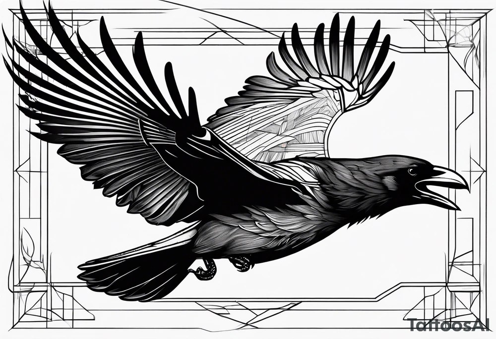 outline with straight lines of a flying raven, without grafik inside tattoo idea