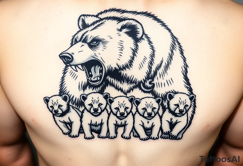 A grizzly bear fiercely growling, looming over 4 cubs 3 girls and a boy. tattoo idea