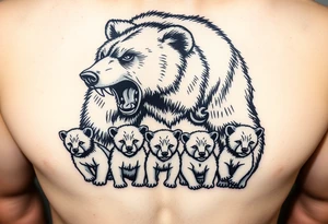 A grizzly bear fiercely growling, looming over 4 cubs 3 girls and a boy. tattoo idea