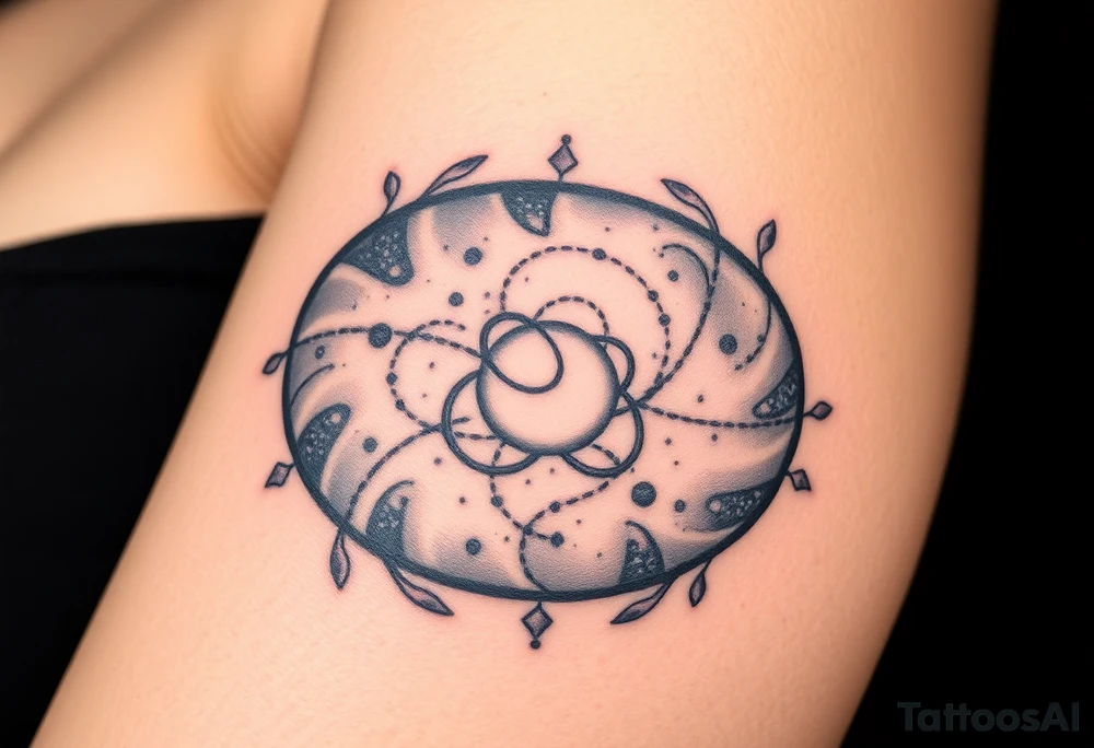 A photorealistic galaxy themed tattoo, bordered with a oval shaped frame tattoo idea