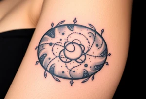 A photorealistic galaxy themed tattoo, bordered with a oval shaped frame tattoo idea