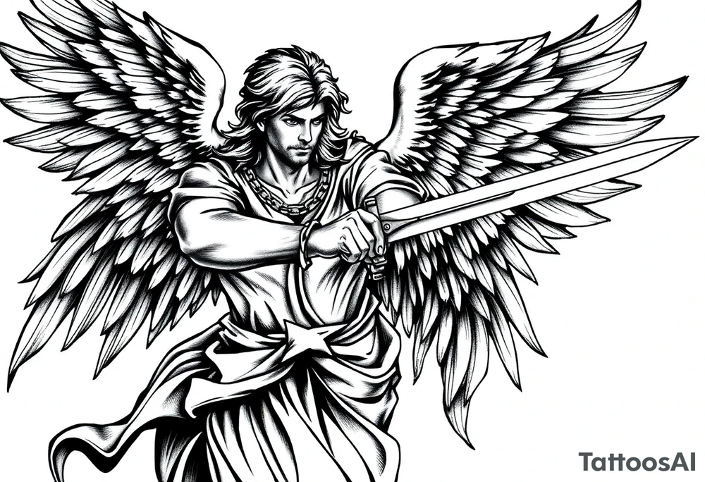 Archangel Michael holding a sword, ready for battle, defeating Lucifer tattoo idea