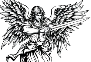 Archangel Michael holding a sword, ready for battle, defeating Lucifer tattoo idea