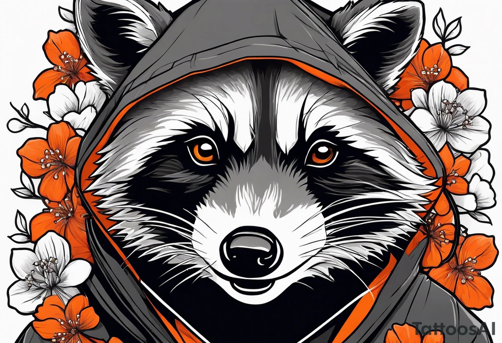 Raccoon wearing a white Superman logo on a black hoodie and orange Japanese cherry blossoms beside tattoo idea