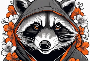 Raccoon wearing a white Superman logo on a black hoodie and orange Japanese cherry blossoms beside tattoo idea