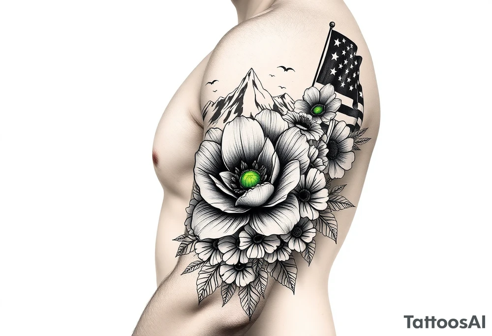 vintage bouquet of flowers , 
 river flower through a mountain with green eyes in it American flag wrapped around arm vintage car parts incorporated tattoo idea