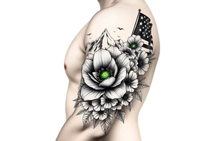 vintage bouquet of flowers , 
 river flower through a mountain with green eyes in it American flag wrapped around arm vintage car parts incorporated tattoo idea