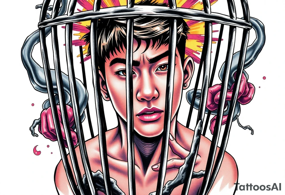 Handsome Asian young guy in scary cage tattoo idea