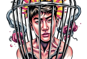 Handsome Asian young guy in scary cage tattoo idea