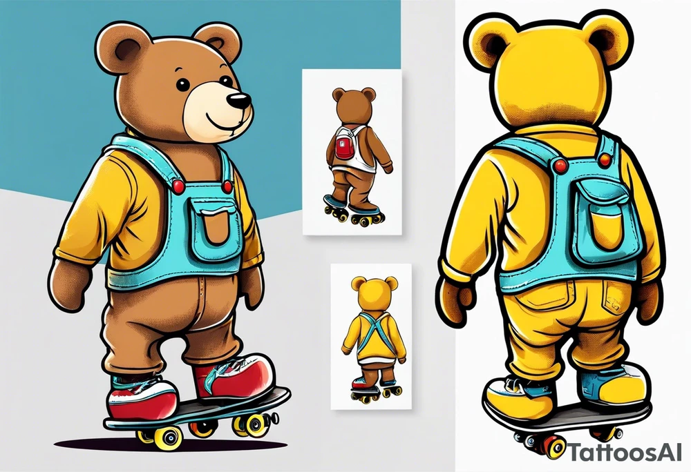 the back of one standing, skinny, brown ,
teddy bear in long, yellow overalls and white roller skates on his feet tattoo idea