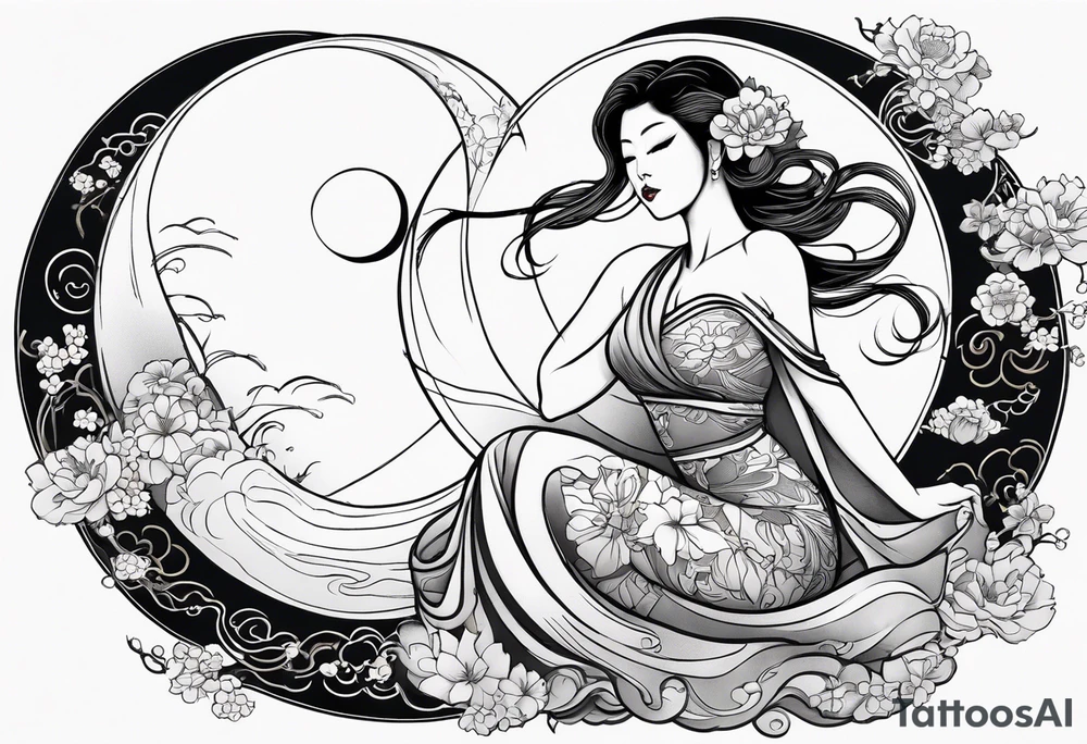 Hot woman in dress riding a crescent moon tattoo idea