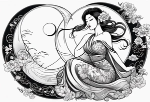 Hot woman in dress riding a crescent moon tattoo idea