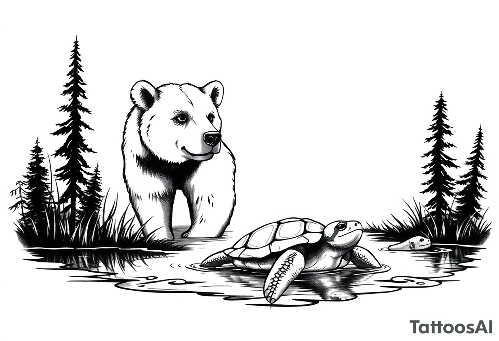 A bear in the Wild with a turtle in a lake tattoo idea