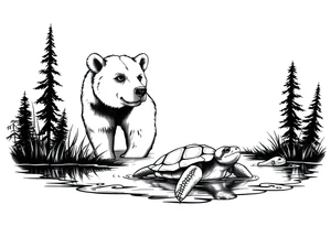 A bear in the Wild with a turtle in a lake tattoo idea