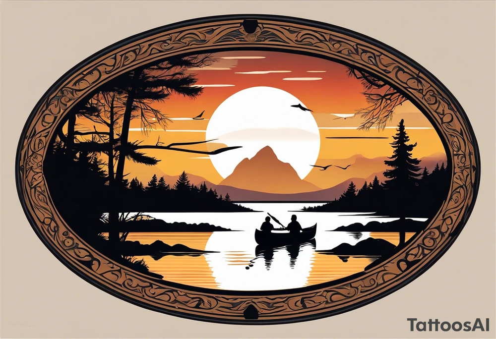 The tattoo design depicts a serene nature scene, framed within a semi-circular border. In the foreground, there are two people sitting in a canoe on a calm lake. They are paddling towards the horizon, with one person sitting at the back of the canoe and the other at the front. The back view of the people suggests a peaceful and contemplative moment shared between them.

In the background, there are majestic mountains with peaks covered in snow, creating a dramatic and picturesque landscape. The mountains are flanked by tall pine trees on either side, adding to the wilderness feel of the scene. Above the mountains, a large sun is either rising or setting, casting a tranquil glow over the entire scene. Birds are flying in the sky, adding to the sense of freedom and natural beauty.

The entire scene is rendered in a minimalist, black and white, line-drawing style, giving it a clean and elegant appearance. The semi-circular frame around the design focuses attention on the central elements and adds a sense of completeness to the image. black and white tattoo idea