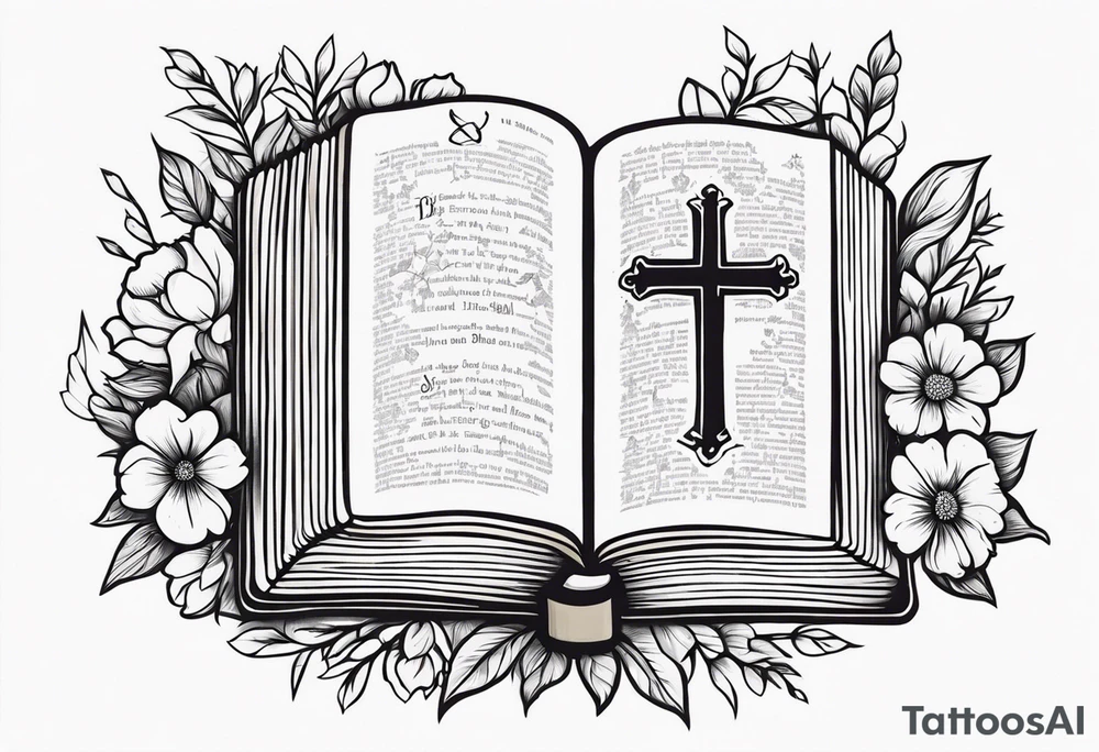 front of bible with cross on bible surrounded by flowers tattoo idea