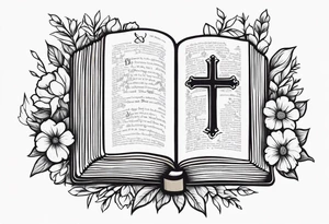 front of bible with cross on bible surrounded by flowers tattoo idea