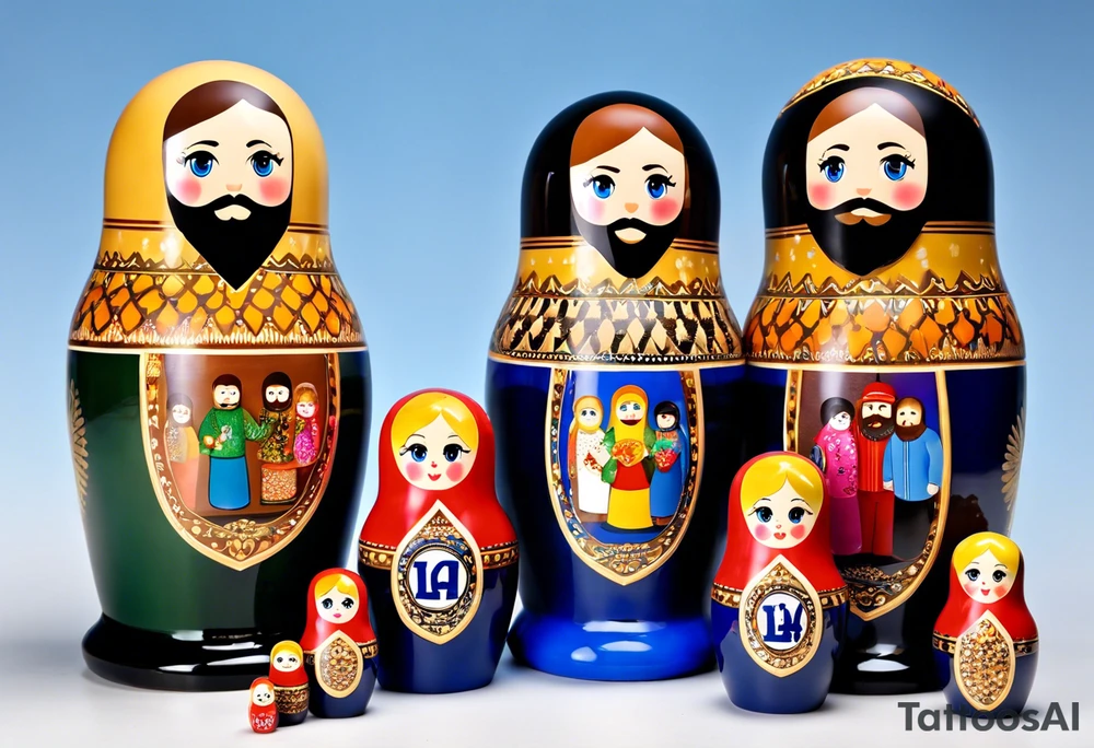 Matryoshka doll family of 4. Each separate doll is designed based on their individual description. Father (biggest doll) has full beard, blue eyes, short brown hair, loves LA Dodgers. Mother (second biggest doll) has blonde bob length hair, no beard, blue eyes, thick rimmed black glasses, loves leopard print. Son is 4 years old, blue eyes, blonde spiky hair, loves Paw Patrol. Daughter is 2 years old, blue eyes, long eyelashes, short light brown bob, loves Bluey. tattoo idea