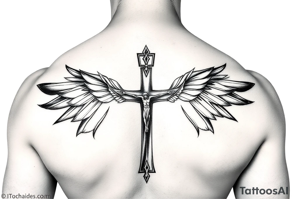 Um anjo segurando uma cruz e um colar crucifixo realismo preto e cinza tattoo idea