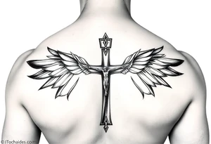 Um anjo segurando uma cruz e um colar crucifixo realismo preto e cinza tattoo idea