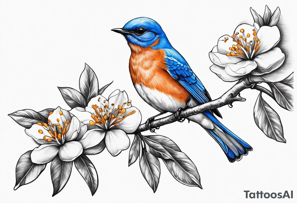 realistic bluebird flying off of branch with orange blossoms tattoo idea