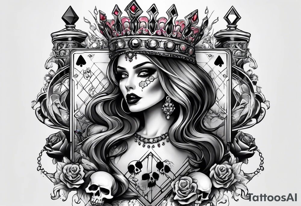 Zombie Queen of diamonds add skulls tattoo idea
