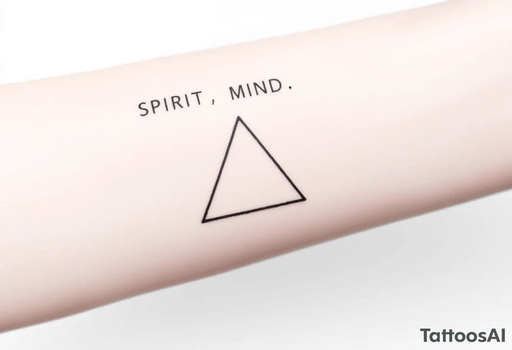 A minimalist tattoo of three interlocking triangles arranged in a way that forms a geometric symbol. Each triangle is thinly outlined and overlaps slightly. Above the design, the words 'SPIRIT,' 'MIND,' and 'BODY' are written in simple font, representing the connection between these three concepts. The tattoo is located on the inner forearm and is drawn in black ink on a light skin tone background. Without text!
three full triangles


Without text!
Without text!
Without text! tattoo idea