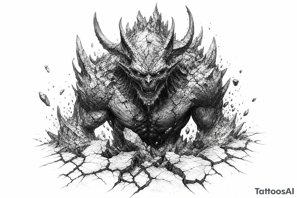 Ancient earth demon emerging from cracked, stony ground. tattoo idea