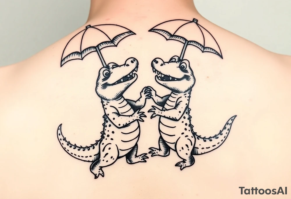 Two cartoon alligators dancing together with mardi gras umbrellas tattoo idea