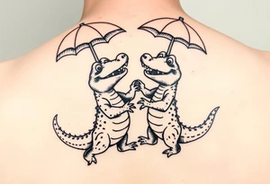 Two cartoon alligators dancing together with mardi gras umbrellas tattoo idea