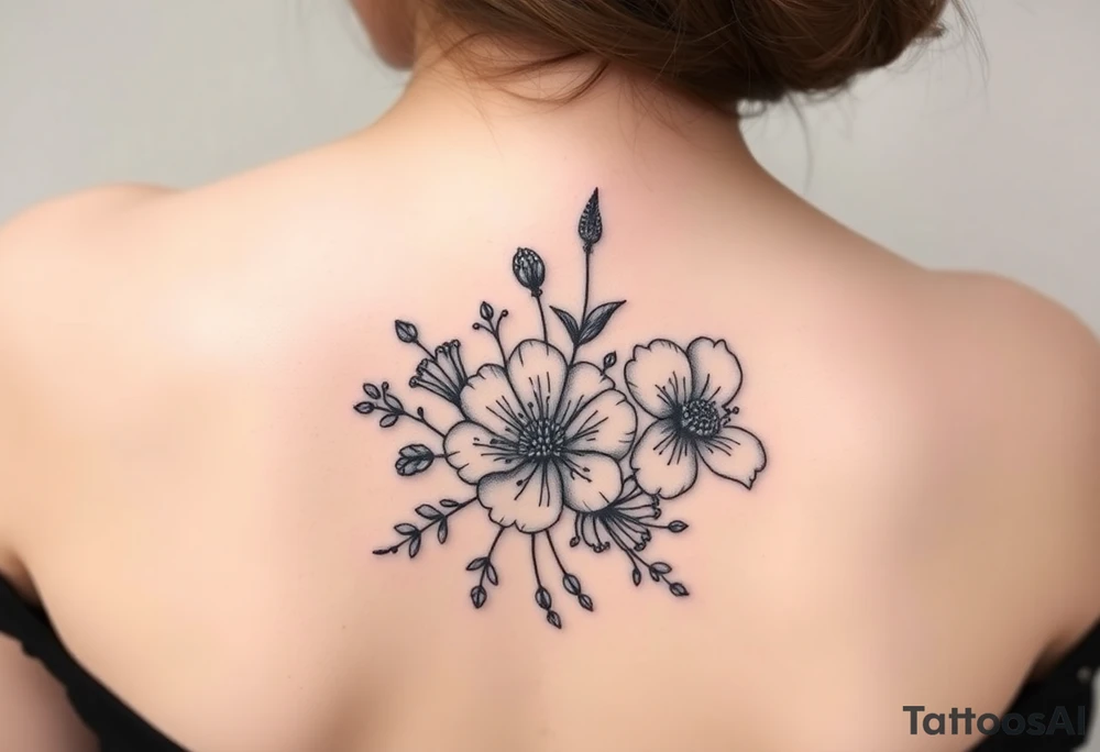 vintage bouquet of wild hibiscus
 and meadow flowers with morning dew tattoo idea