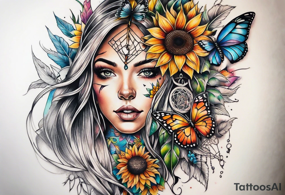 Quarter Leg sleeve with dreamcatcher, rainbow sunflowers and one butterfly tattoo idea