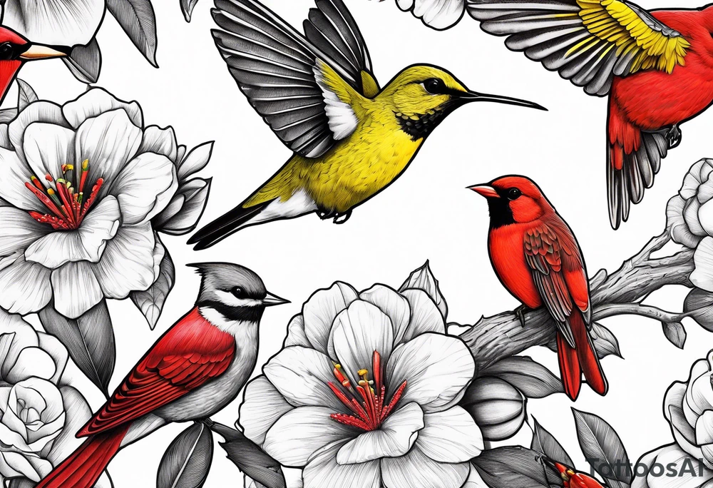 hummingbird, yellow finch, red cardinal, flower garden, tattoo idea