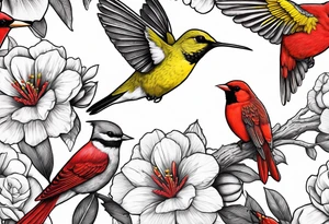 hummingbird, yellow finch, red cardinal, flower garden, tattoo idea