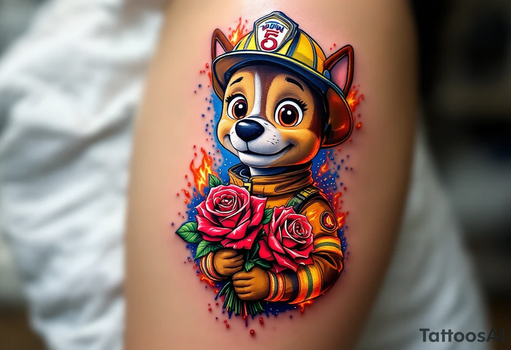 Marshall in firefighter gear, holding a bouquet of red roses in his paw, with fire and water elements blending around him in bright reds, oranges, and blues. The bouquet’s petals are detailed with gold highlights. tattoo idea