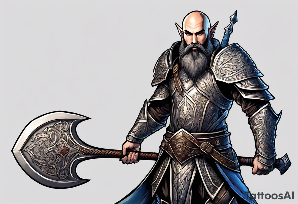 a full-body picture of a 30-year-old, human elf, bearded bald male, paladin, holding a battle axe, tattoo idea