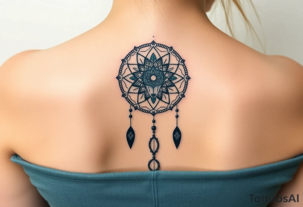 Dreamcatcher with zodiac symbols and protection runes caught in it with wolf teal tattoo idea