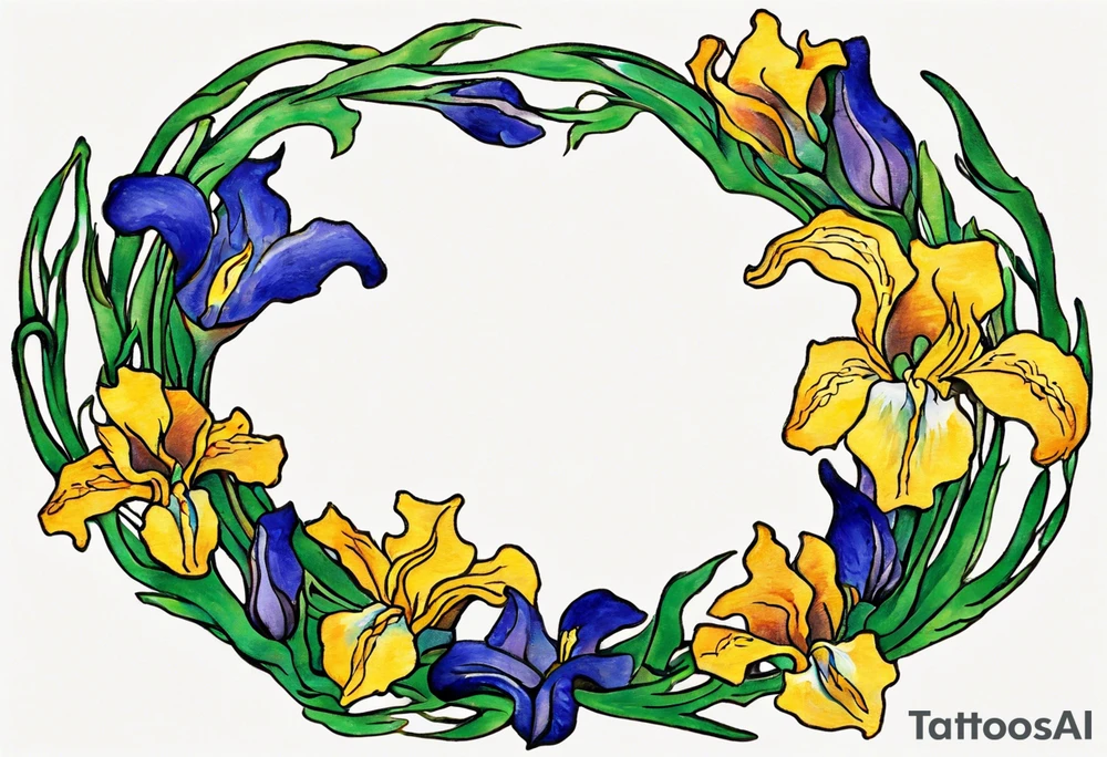 Create a small colorful Vincent van Gogh Irises tattoo in the form of a crescent, with vines or Celtic knots gracefully intertwining at a central point in the middle of the wreath.  In the middle of the wreath are mountains and other items found in New Mexico. Ensure that the design avoids the appearance of a bush and maintains a more structured and deliberate arrangement. The intended placement is on the upper chest. The overall design should be small in size while maintaining a delicate and artistic aesthetic. Pay attention to the graceful flow of the vines and the placement of the irises to achieve a refined and elegant look. tattoo idea