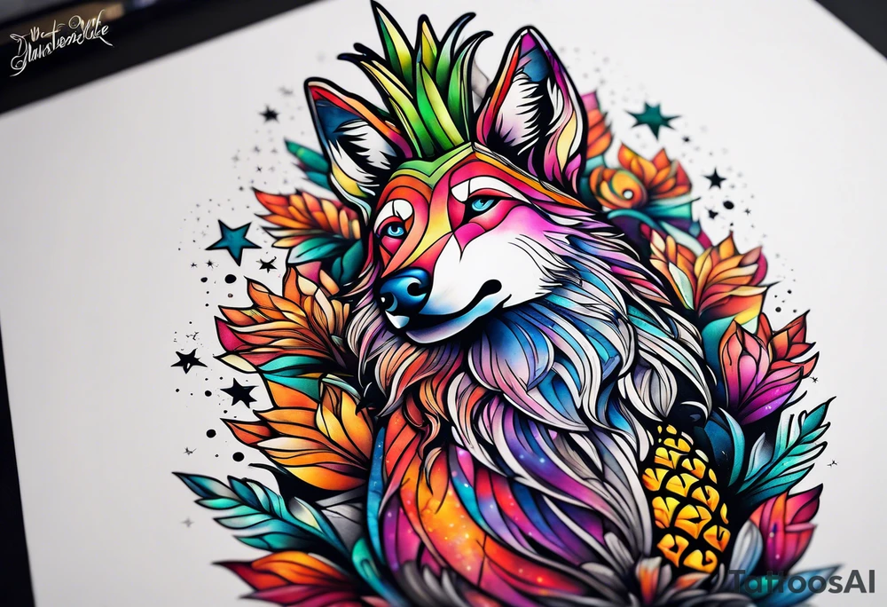 Stag and wolf in Amsterdam featuring colours of the universe and galaxies and amsterdam in the shape of a pineapple tattoo idea